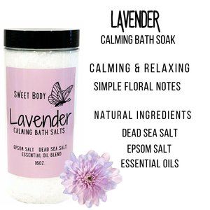Lavender Calming Scented Bath Soak, Epsom Salt, Dead Sea Salt 16oz.